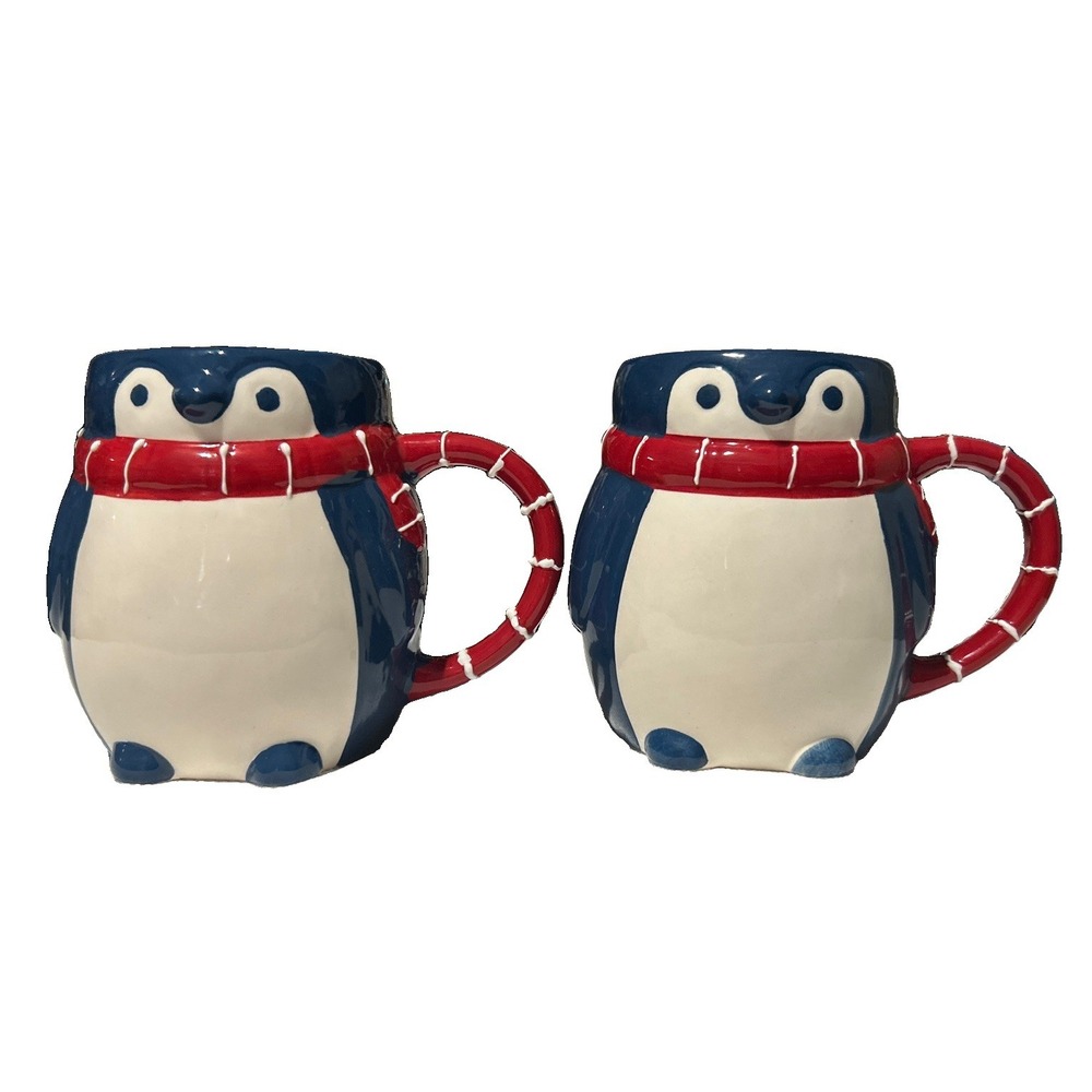 Wondershop Earthenware 3D Blue Penguin with Red Scarf Coffee Mugs Set (2) 16oz